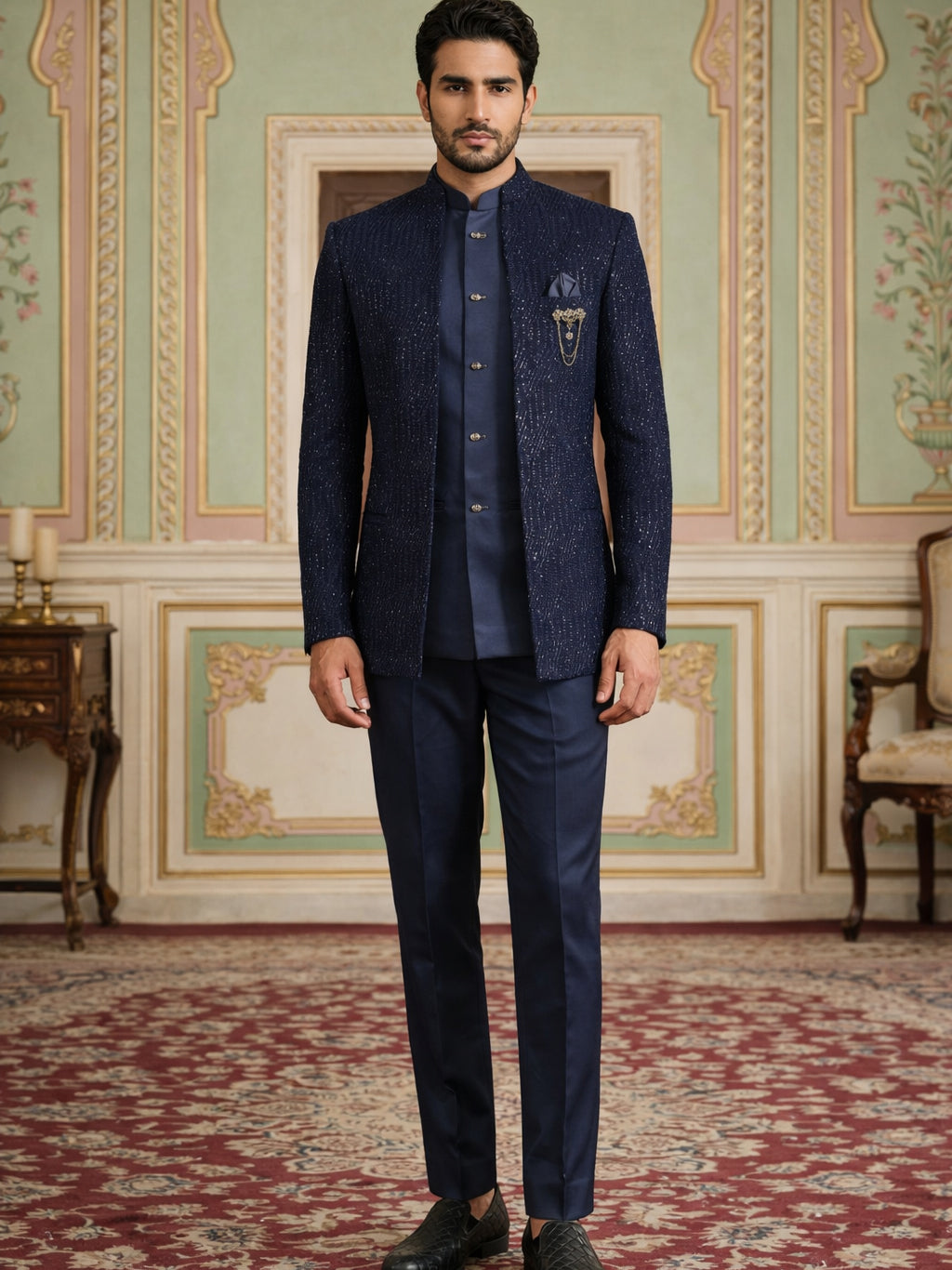 Men’s Embroidered Indo-Western Set ( 50JIND 132Navy S )