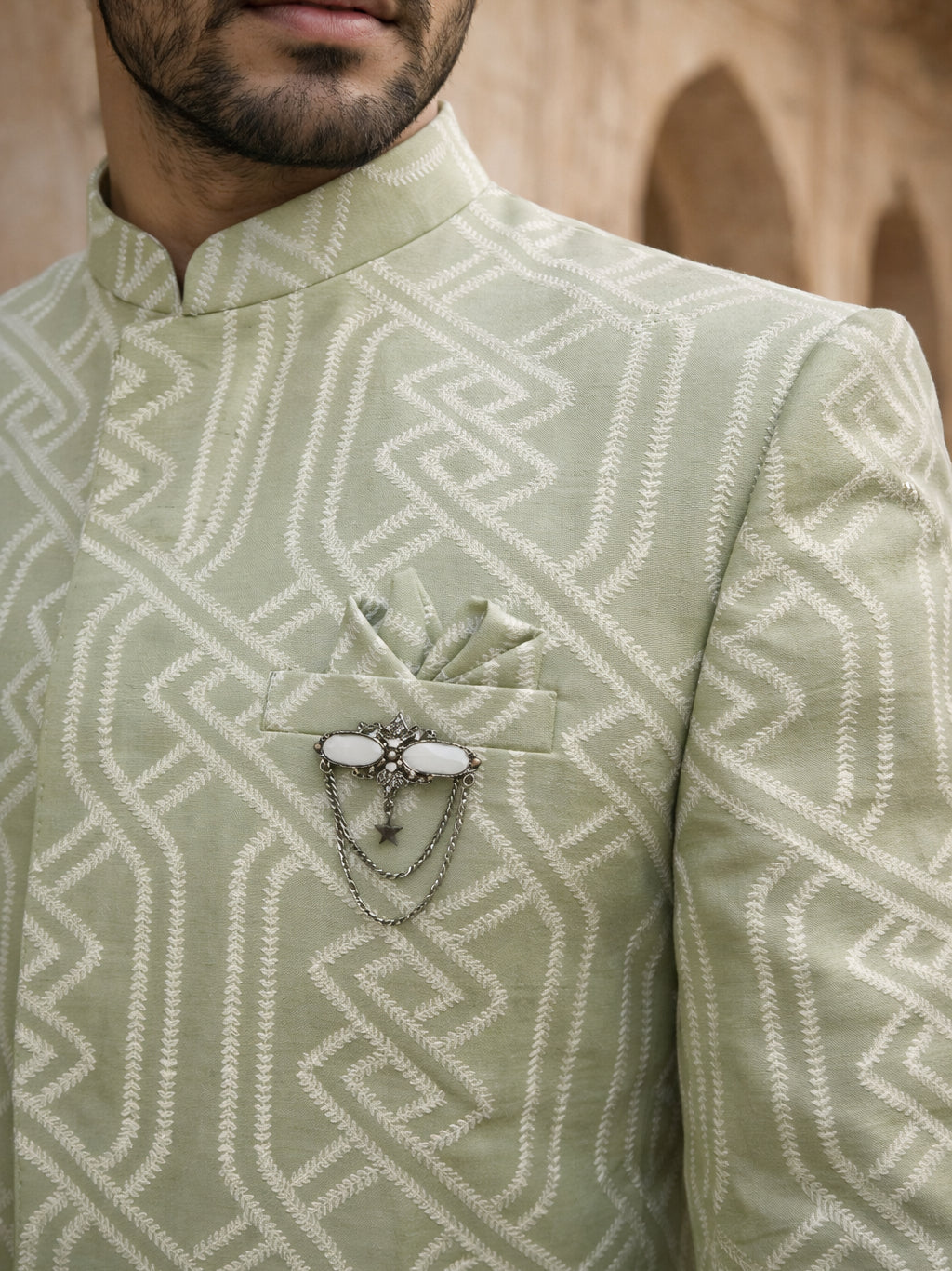 Jacquard Silk Sherwani Set ( 50JIND 135Pista S )