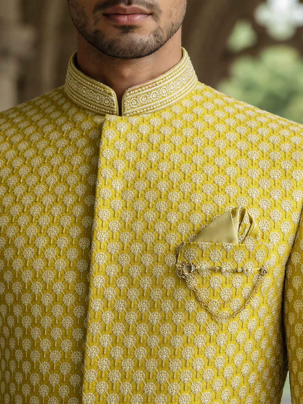 Men Premium Woven Design Sherwani Set ( 50JIND 138Yellow S )