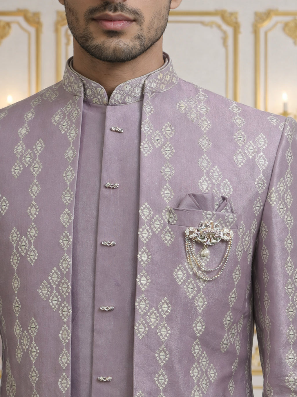 Men Silk Blend Embroidered Sherwani Set ( 50JIND 139Lavender S )