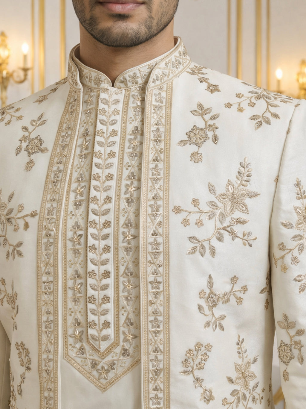 Silk Blend Floral Embroidered Sherwani Set ( 50JIND 140White S )