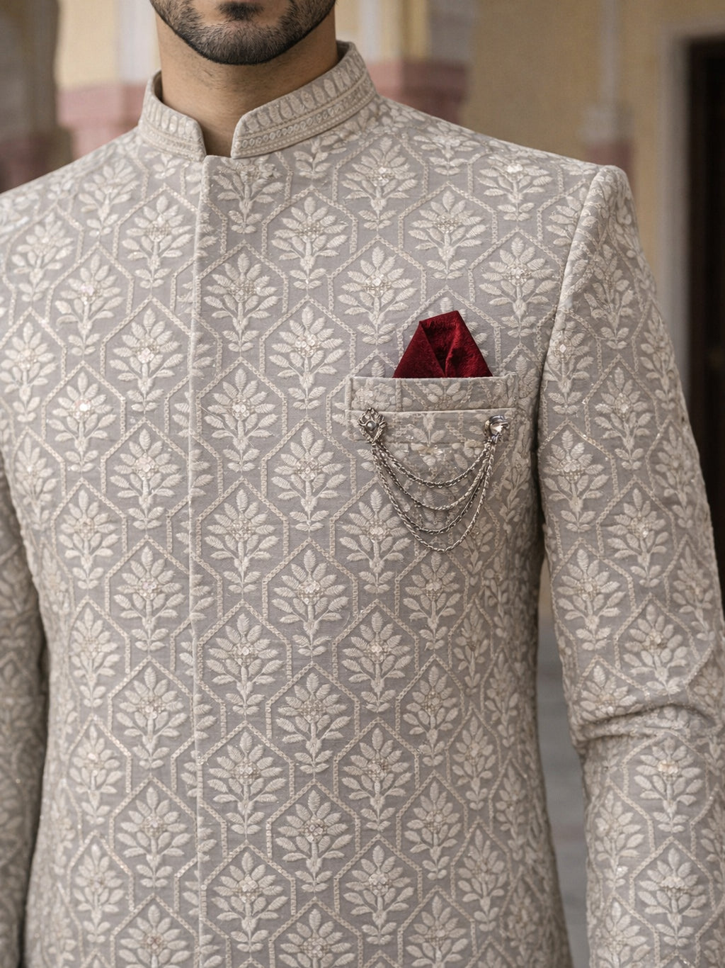 Embroidered Cotton Blend Indo-Western Set ( 50JIND 149Grey S )