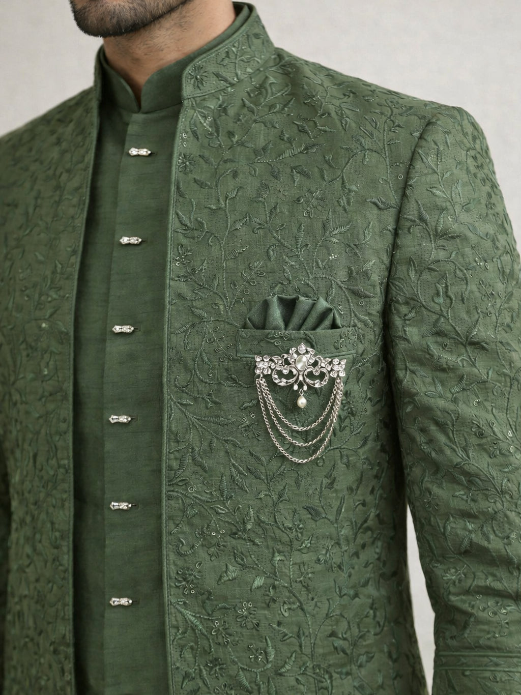 Men Embroidered Silk Indo-Western Set ( 50JIND 153Olive S )
