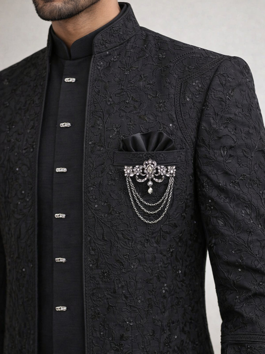 Silk Embroidered Indo-Western Set ( 50JIND 154Black S )