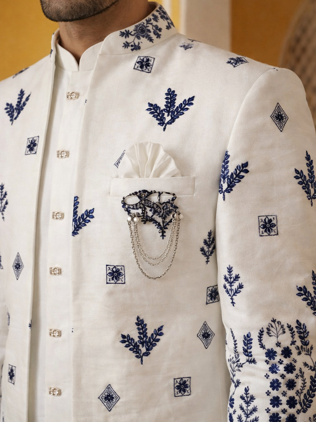 Men’s Embroidered Silk Blend Indo-Western Set ( 50JIND 158White S )