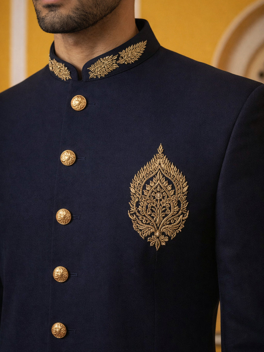 Men's Cotton Blend Indo-Western Set with Zari Work ( 50JIND 159Navy S )