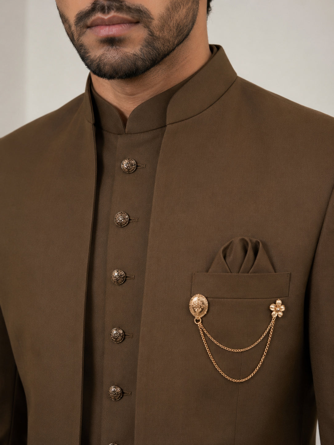 Cotton Blend Solid Indo-Western Set ( 50JIND 161D-Brown )