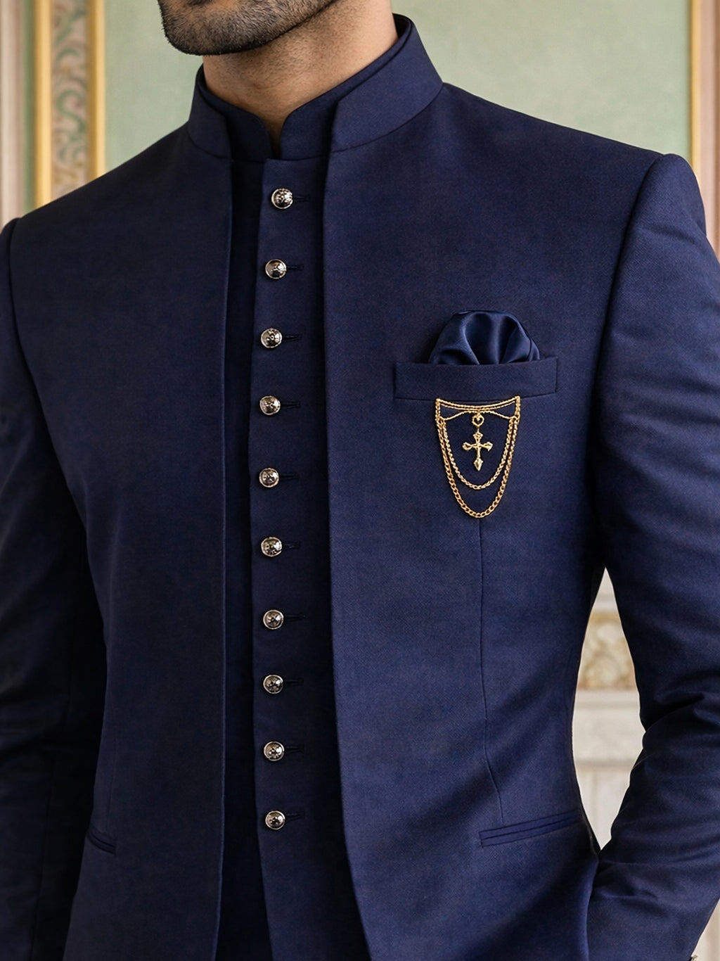 Cotton Blend Solid Indo-Western Set ( 50JIND 161Navy S )
