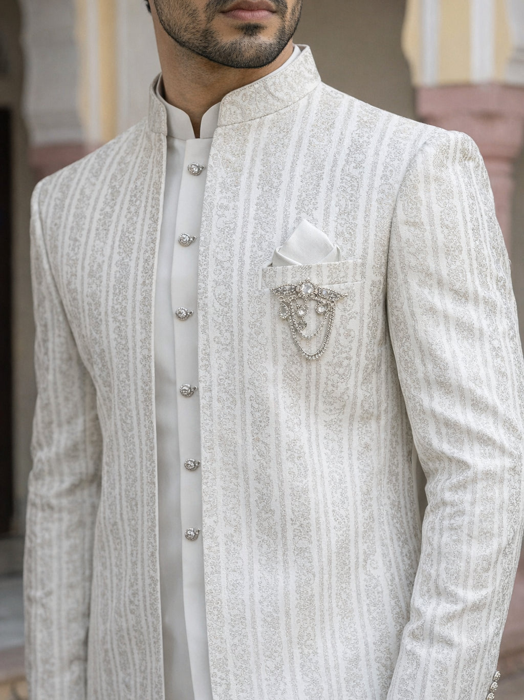 Embroidered Silk Blend Indo-Western Set ( 50JIND 166Cream S )