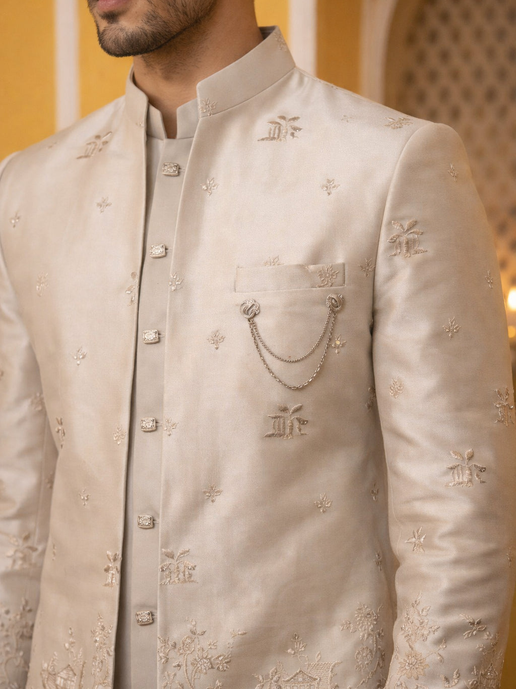 Ivory Embroidered Indo-Western Set ( 50JIND 175Cream )