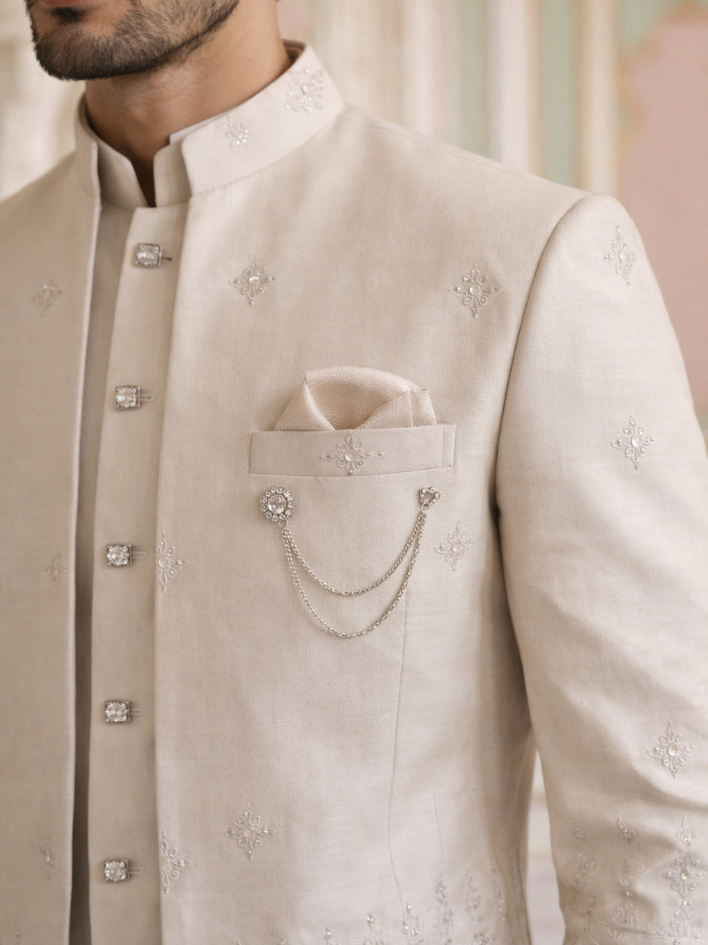 Ivory Embroidered Cotton Blend Indo-Western Set ( 50JIND 177Cream )