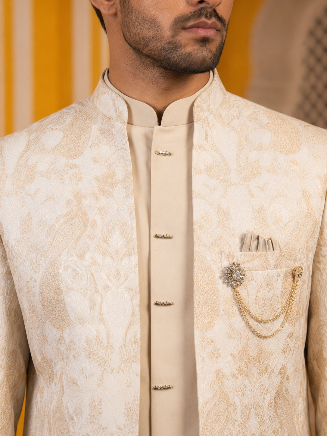 Men's Stylish Jacquard Indo-Western Set ( 50JIND 184Golden )