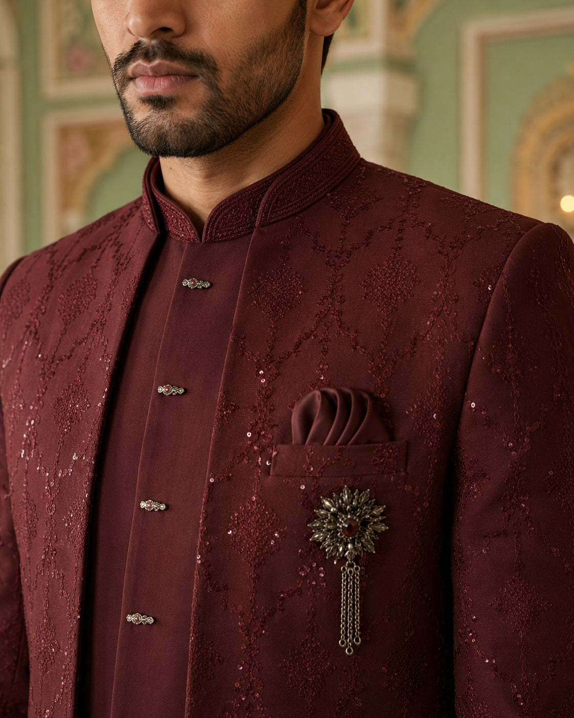 Men's Imported Japanese Fabric Indo-Western Set ( 50JIND 186Maroon )