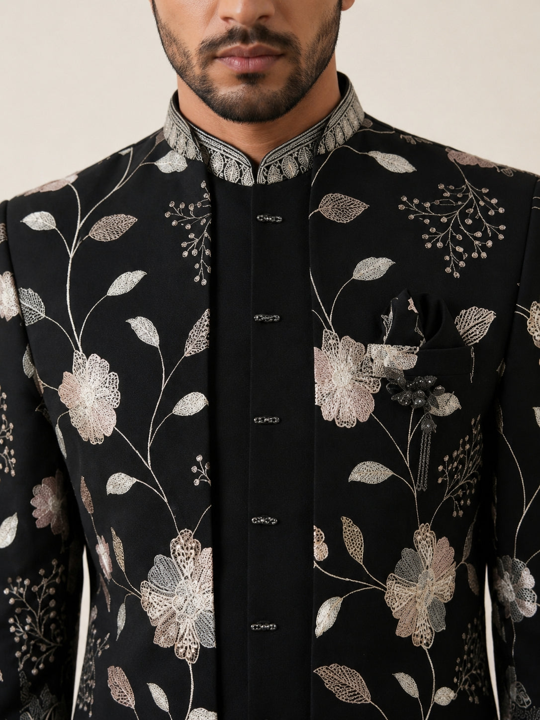 Men Imported Japanese Fabric Embroidered Indo-Western Set ( 50JIND 190Black )