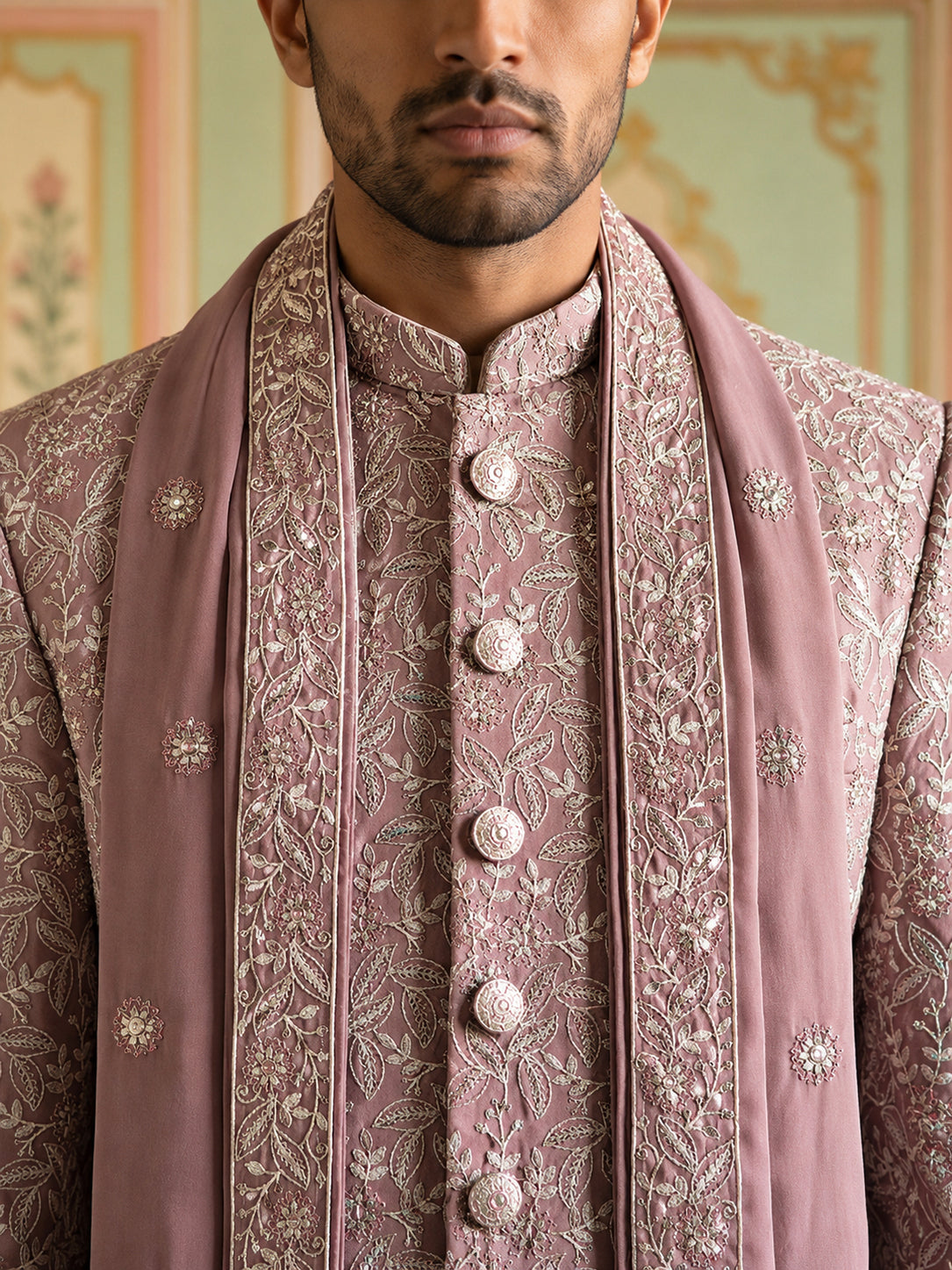 Men Silk Blend Embroidered Indo-Western Set ( 50JIND P5W 236Magenta )
