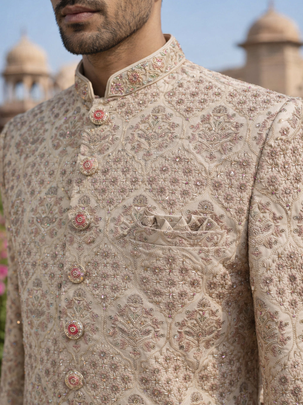 Men Premium Silk Blend Sherwani Set ( 50JSH 101Golden M )