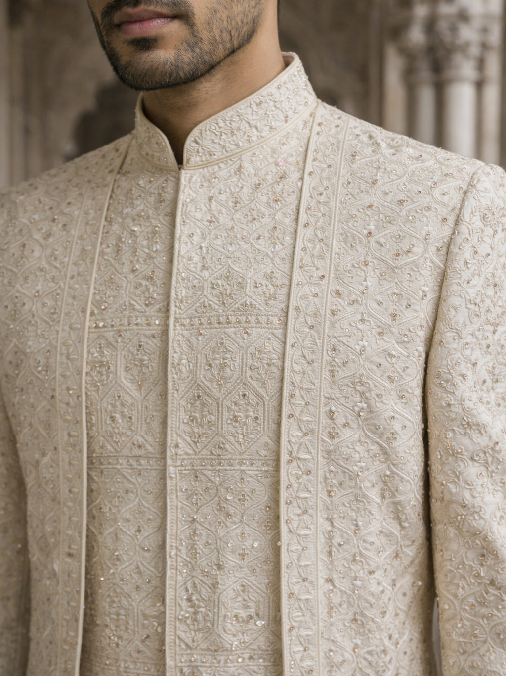 Men Designer Embroidered Sherwani Set ( 50JSH 103Cream M )