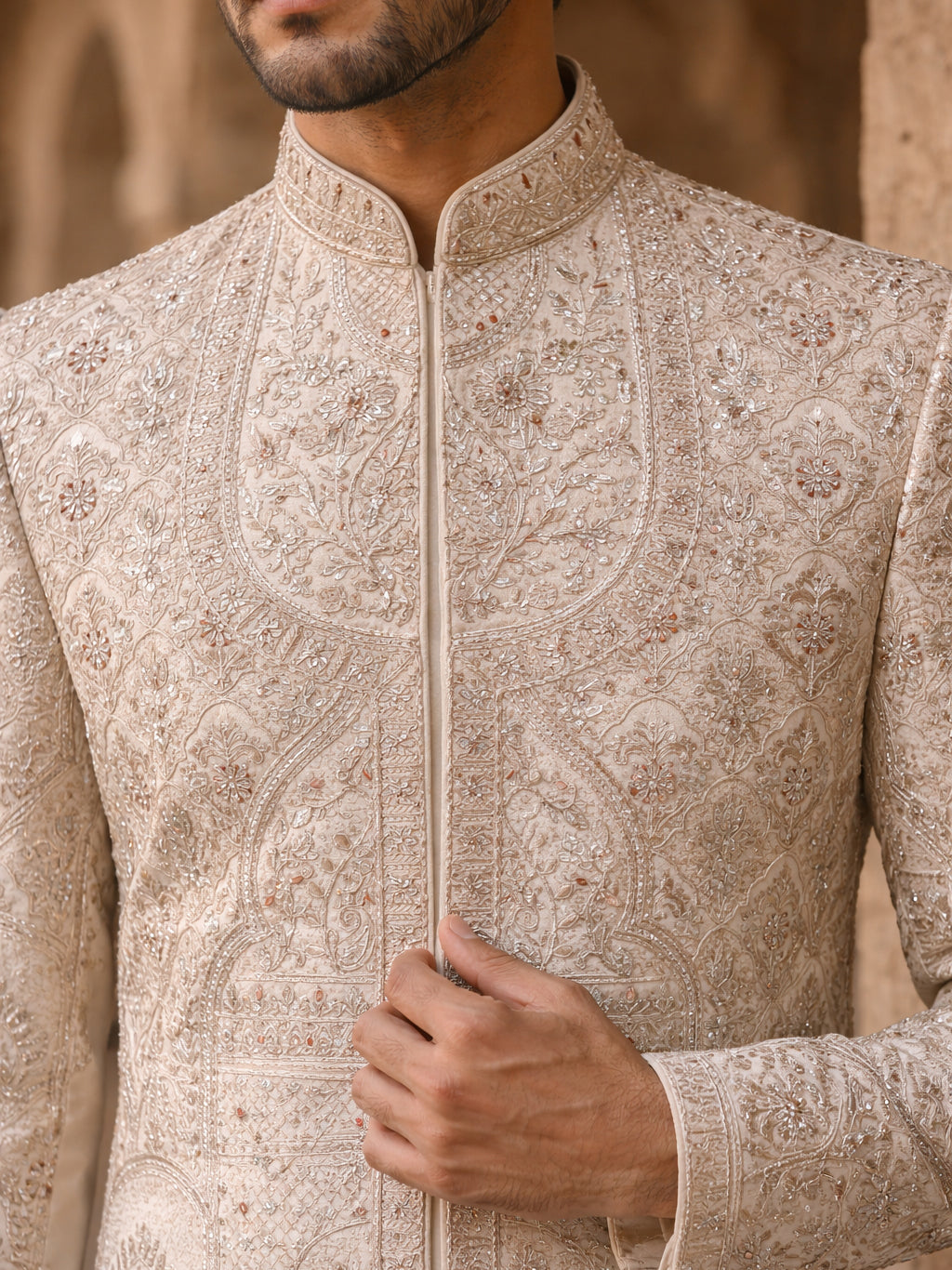 Premium Embroidered Silk Blend Sherwani Set ( 50JSH 106Cream L )