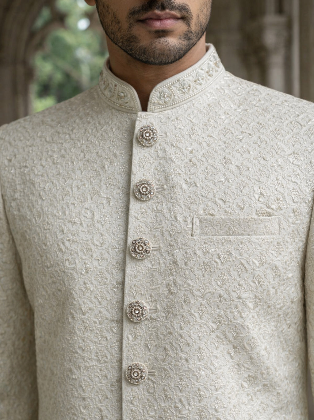 Silk Blend Embroidered Royal Sherwani Set ( 50JSH 112Cream L )