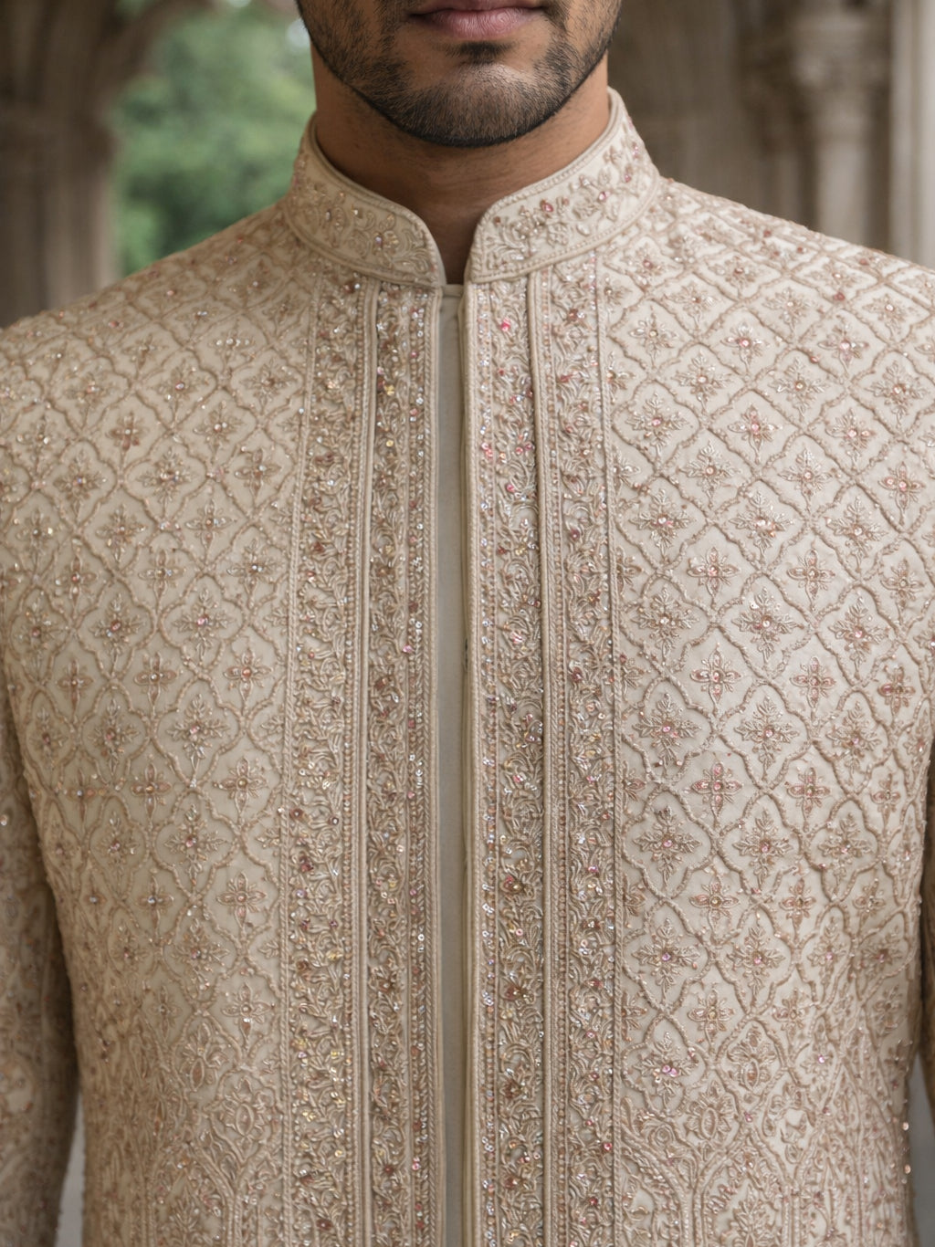 Ivory Gold Embroidered Sherwani Set ( 50JSH 113Golden M )