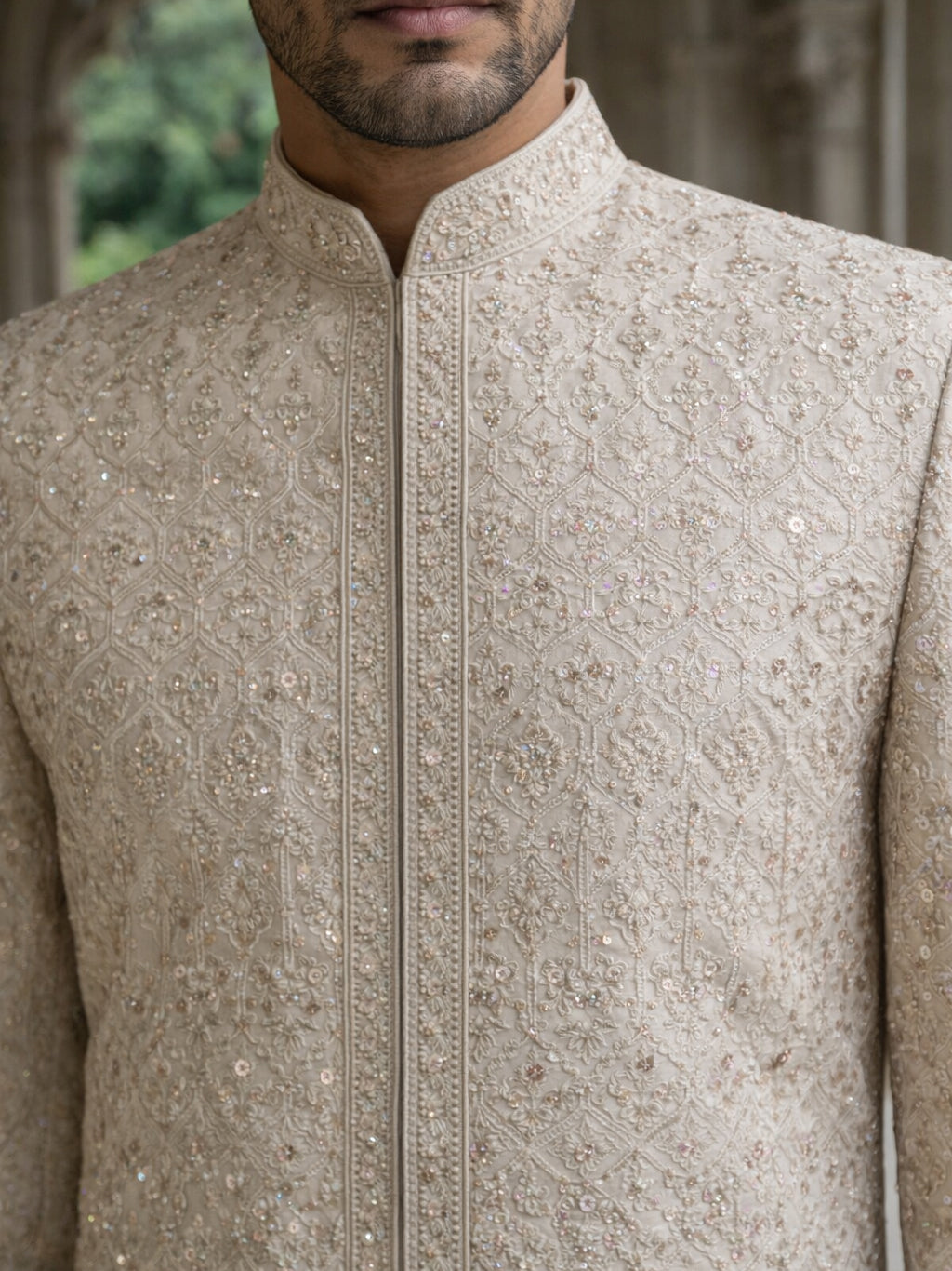 Ivory Gold Embroidered Sherwani Set ( 50JSH 114Golden M )