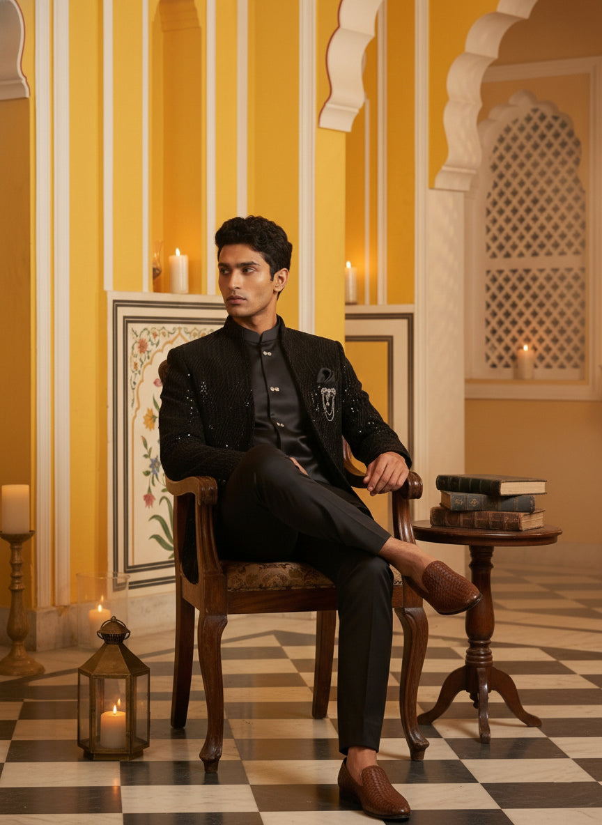 Men’s Embroidered Indo-Western Set ( 50JIND 132Black S )