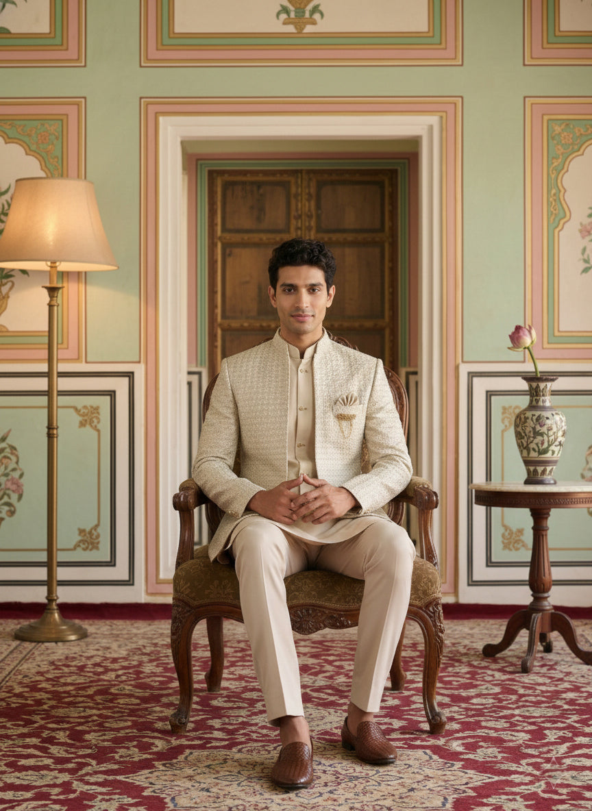 Men’s Embroidered Indo-Western Set ( 50JIND 131Cream S )