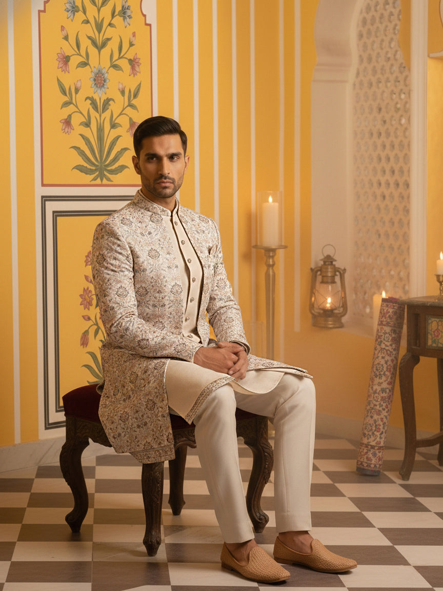 Men Peach Embroidered Indo-Western Set ( 50JIND 111Peach S )