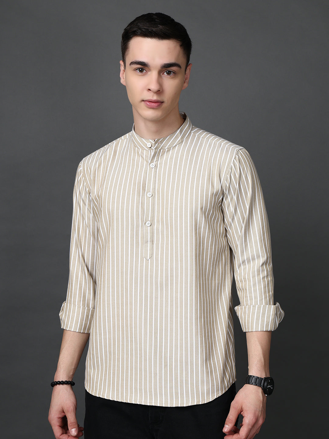 Men’s Beige Striped Short Kurta ( ANMSK 5394Beige )