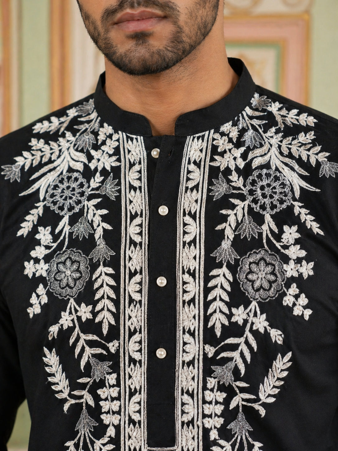 Men Japanese Fabric Embroidered Kurta ( 65KO 5498Black )