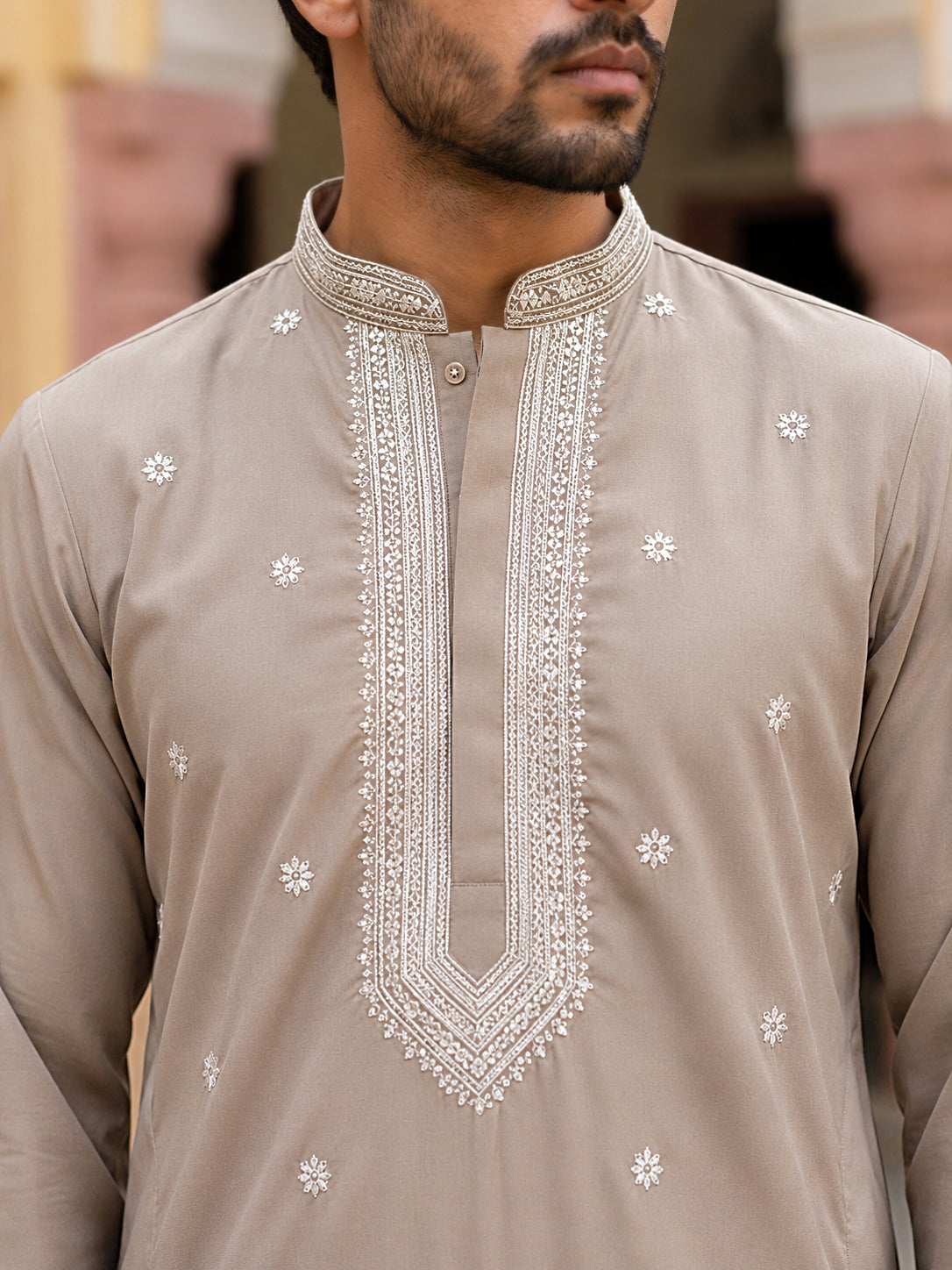 Men Japanese Imported Beige Embroidered Kurta