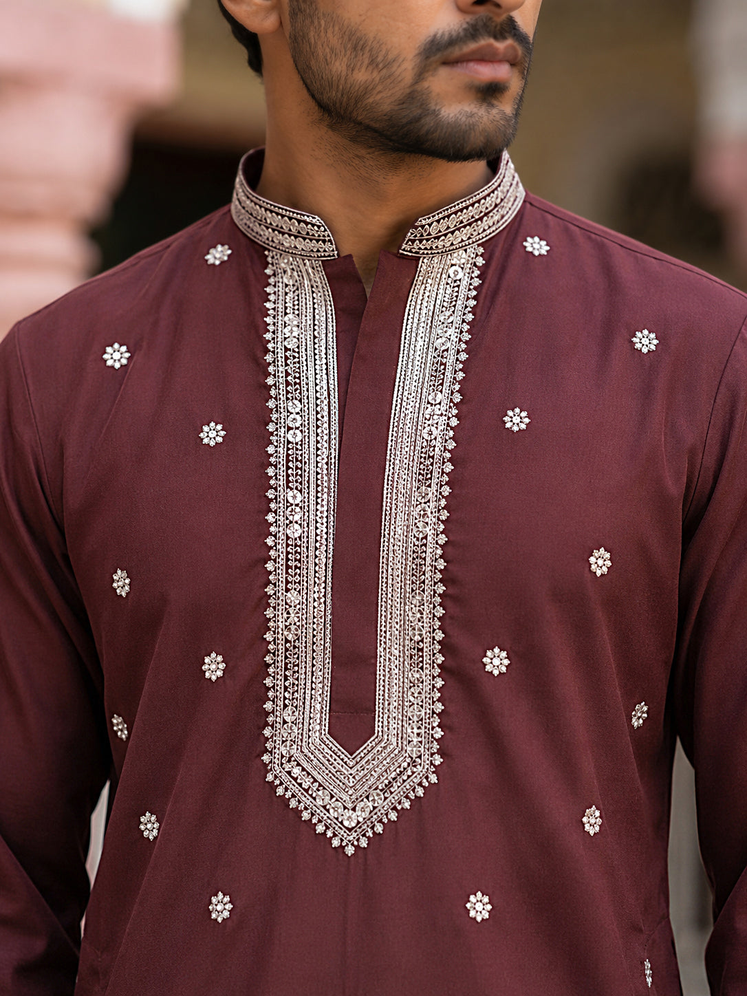 Men Japanese Imported Maroon Embroidered Kurta