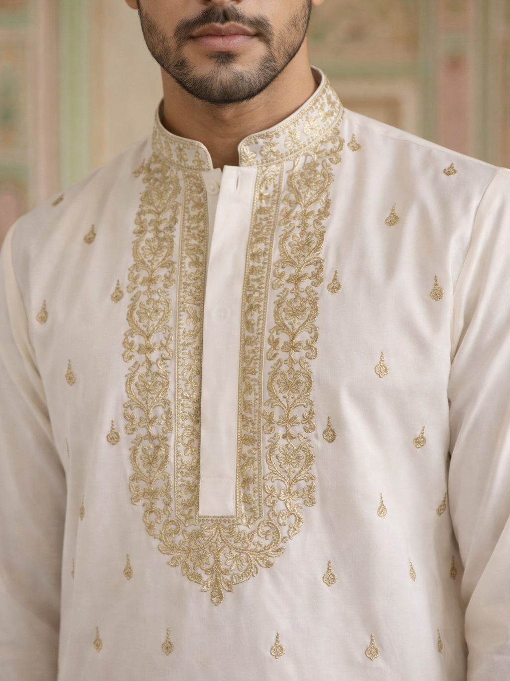 Men’s Cotton Blend Embroidered Kurta ( 65KO 5537White )
