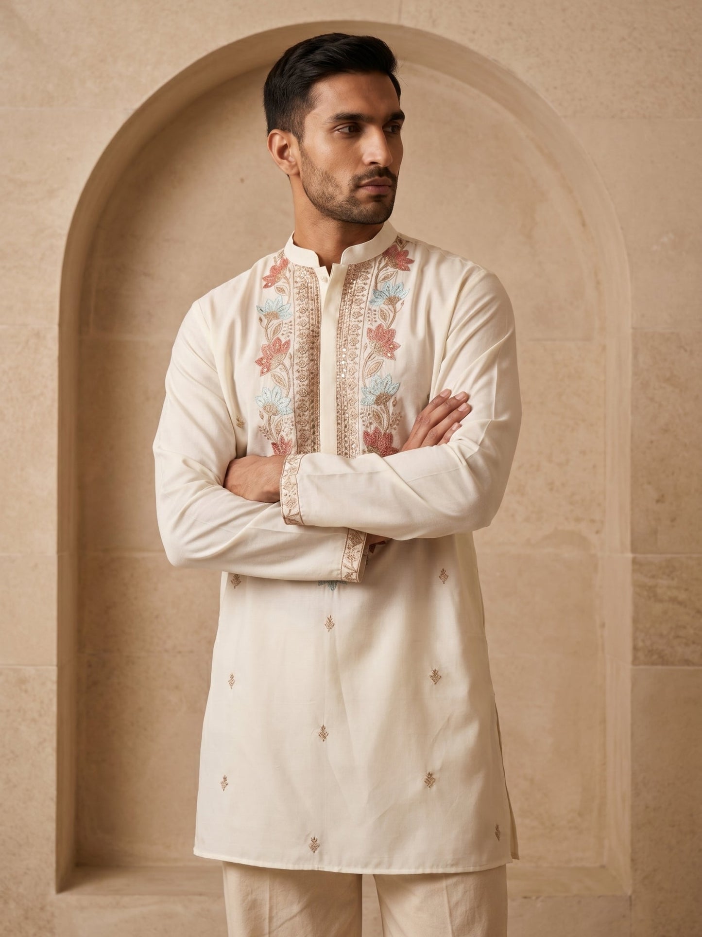 Cotton Blend Floral Embroidered Kurta