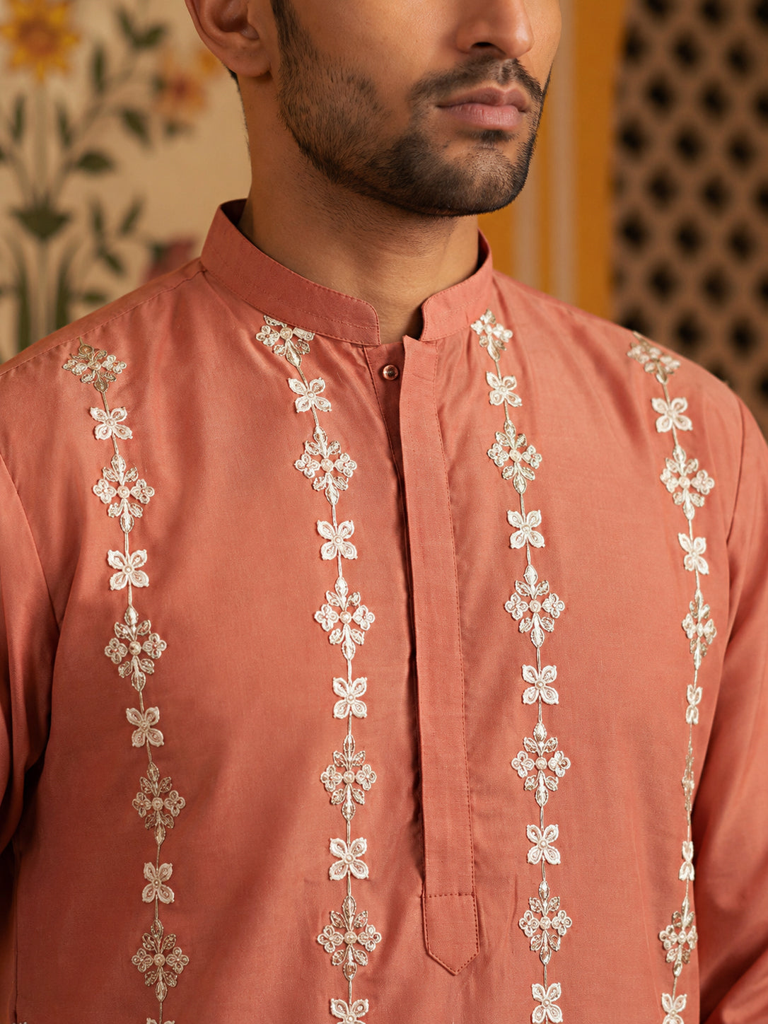 Floral Embroidered Kurta for Men ( 65KO 5628Peach )