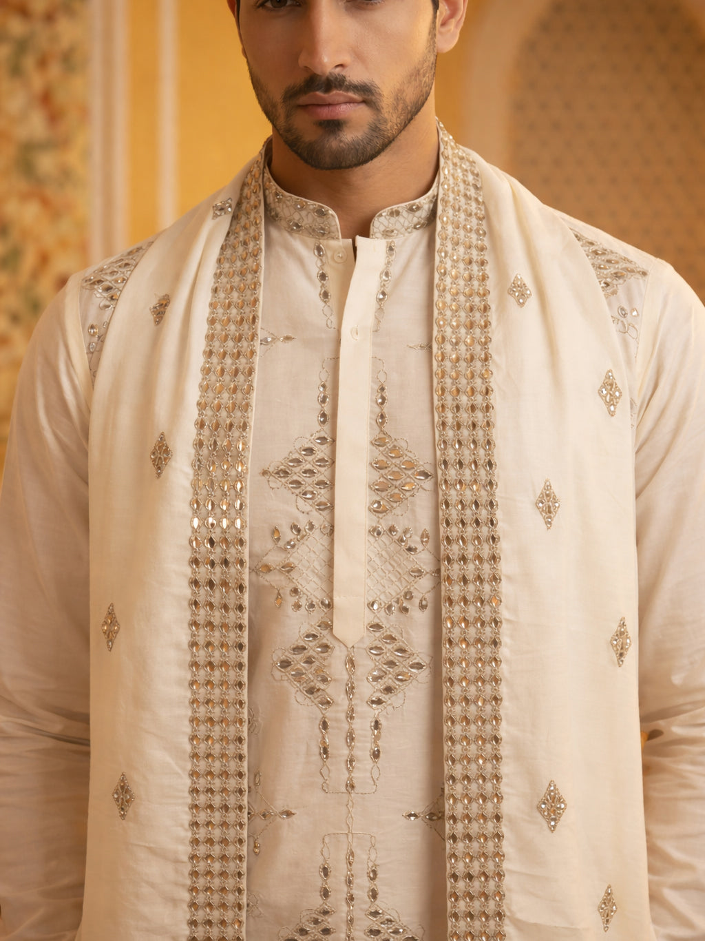 Men’s Embroidered Kurta with Dupatta ( 65KO D 5540Cream )