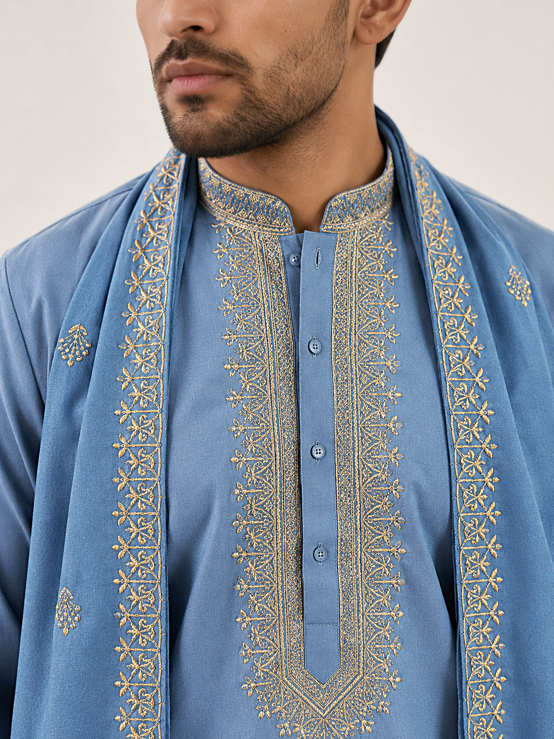 Men’s Traditional Thread Embroidered Kurta & Dupatta ( 65KO D 5549Blue )