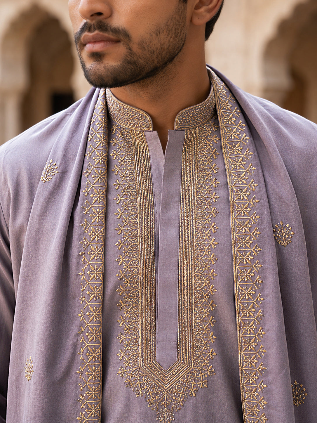 Men’s Traditional Thread Embroidered Kurta & Dupatta ( 65KO D 5549Purple )