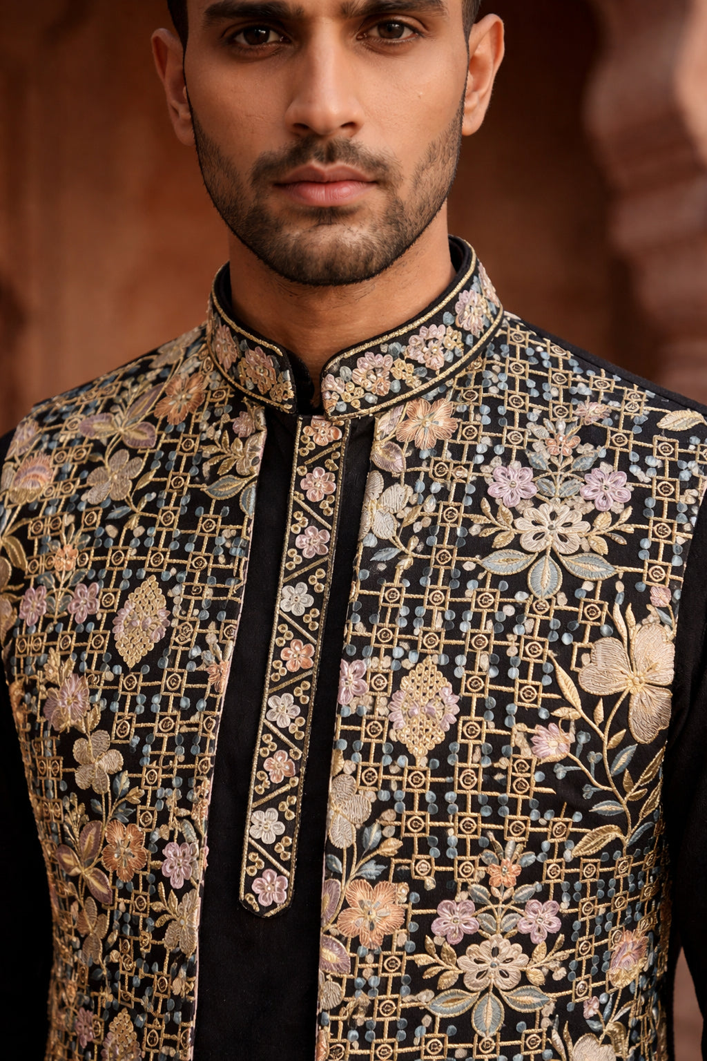 Kurta Pyjama Set with Floral Embroidered Waistcoat ( 65KPWCS 5477Black )