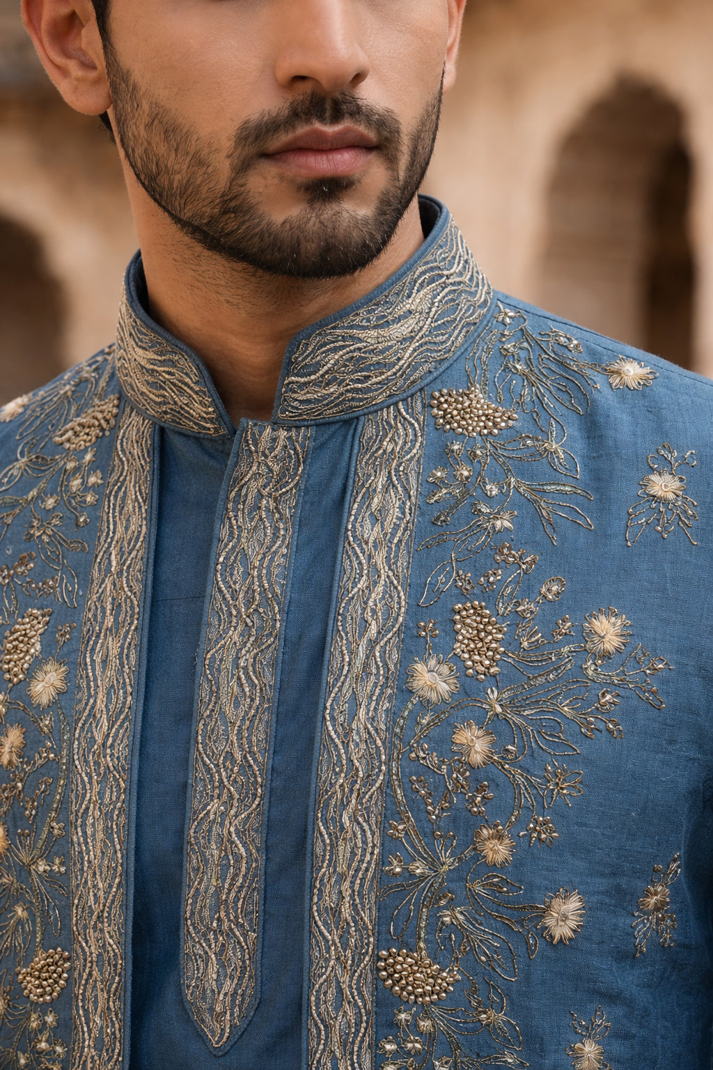 Silk Blend Embroidered Waistcoat Kurta Set ( 65KPWCS 5478Blue )
