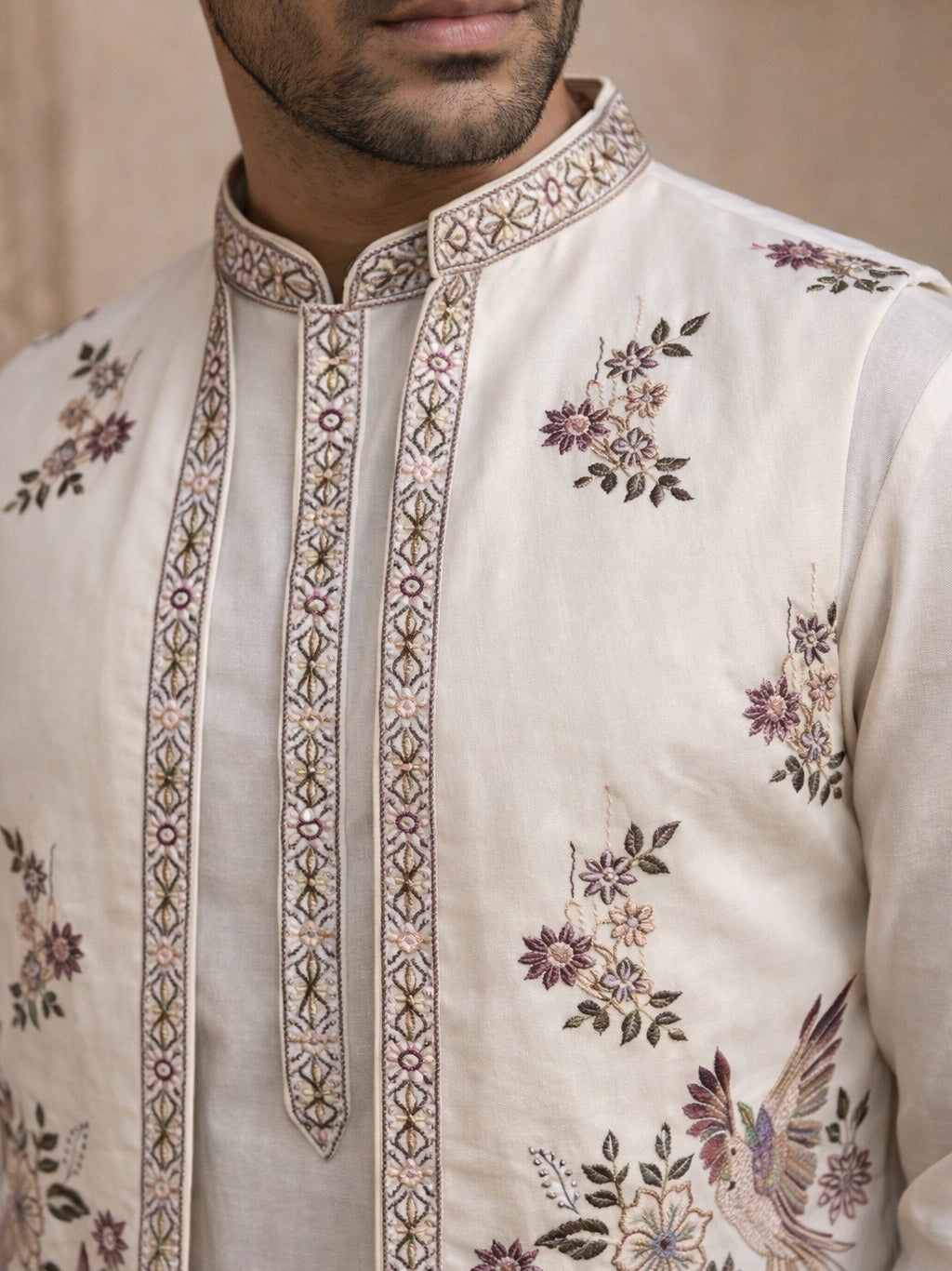 Silk Blend Kurta with Pyjama & Waistcoat ( 65KPWCS 5480White )