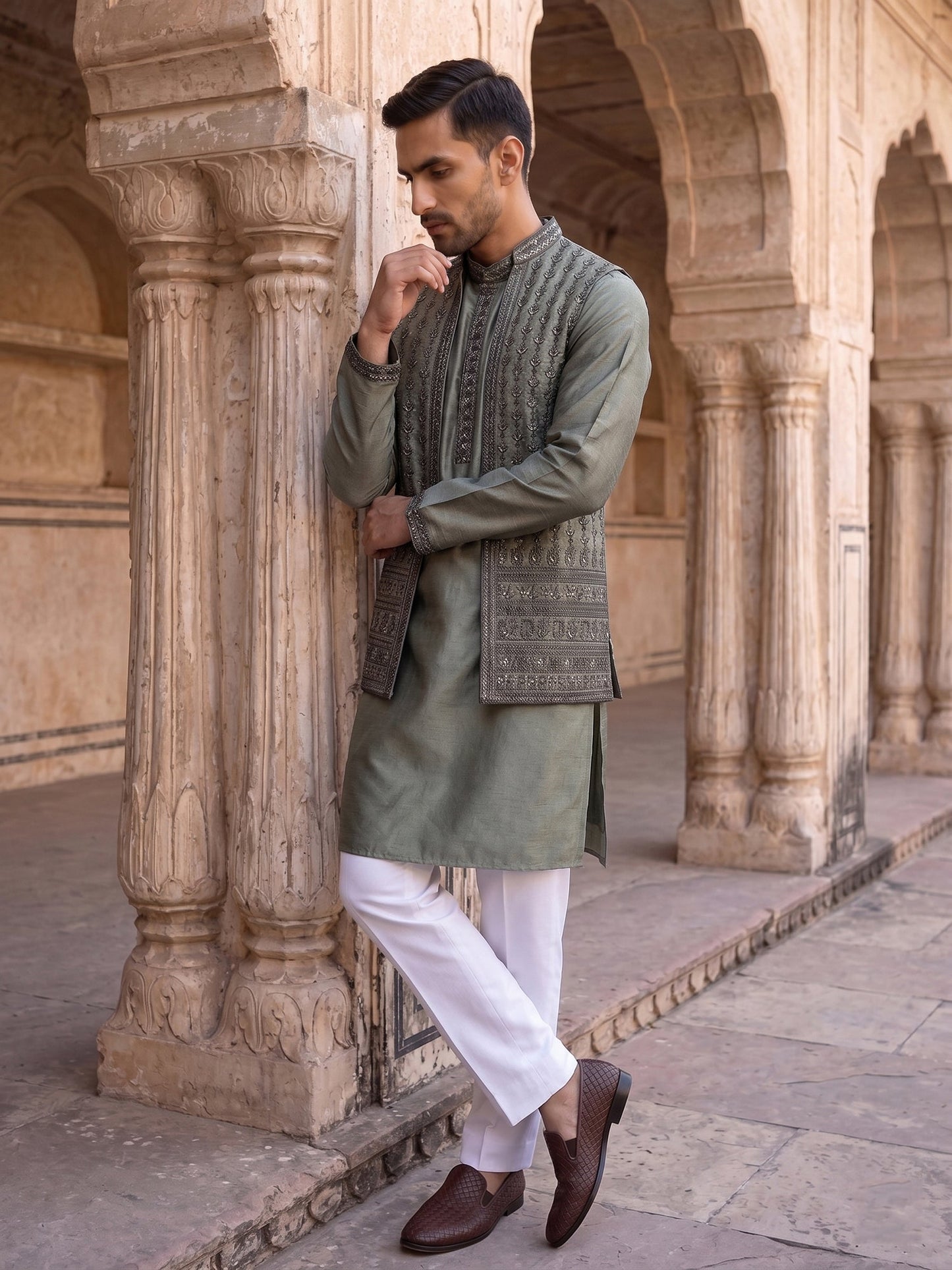 Silk Blend Embroidered Kurta Pyjama & Waistcoat Set