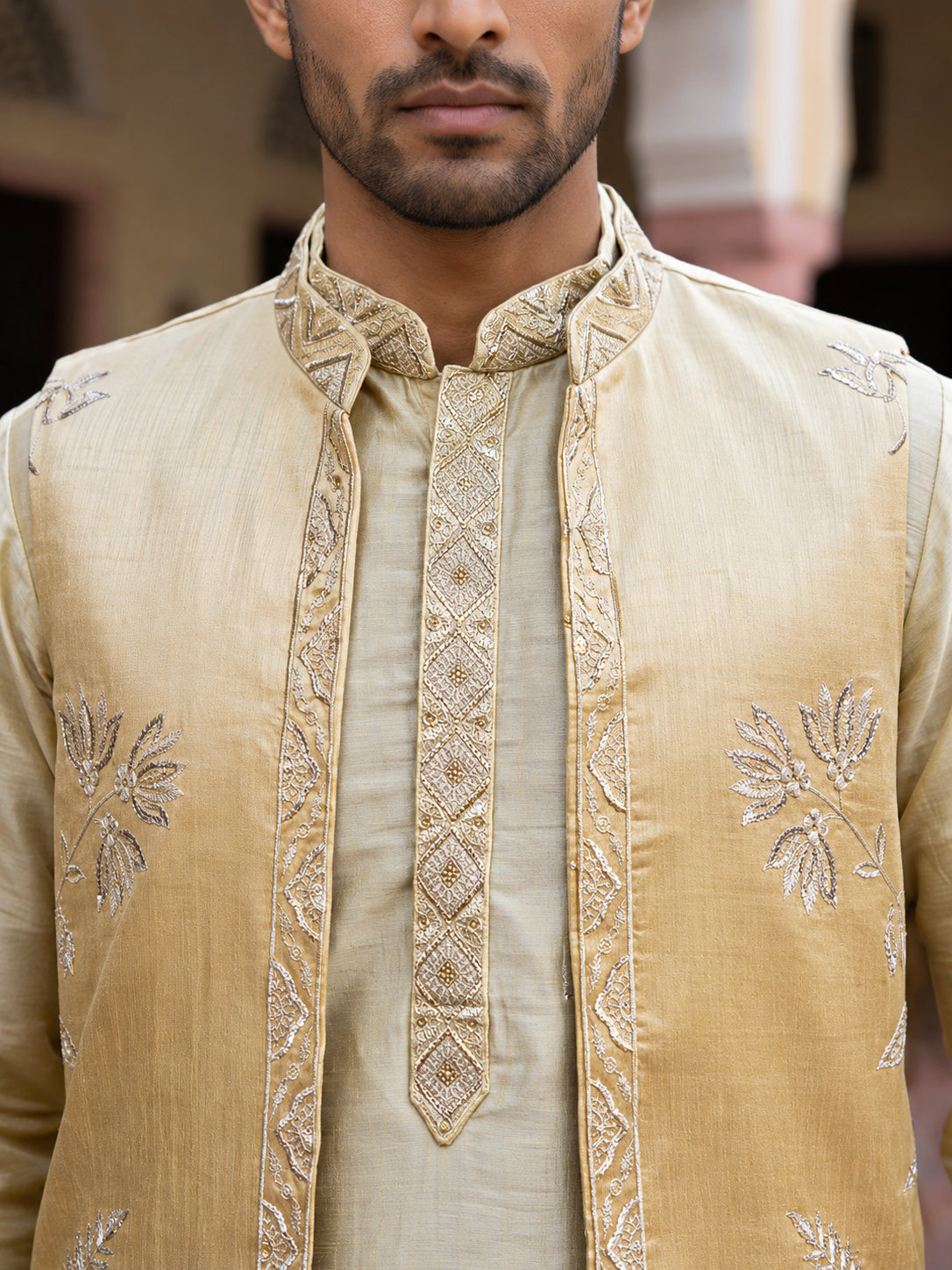 Men Silk Blend Embroidered Kurta Pyjama with Waistcoat Set ( 65KPWCS MC 5617Yellow )