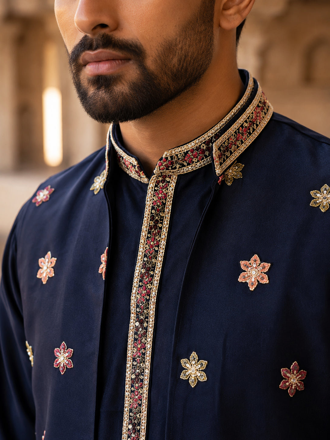 Japanese Fabric Embroidered Kurta & Waistcoat Set ( 65KPWCS MC 5618Navy )