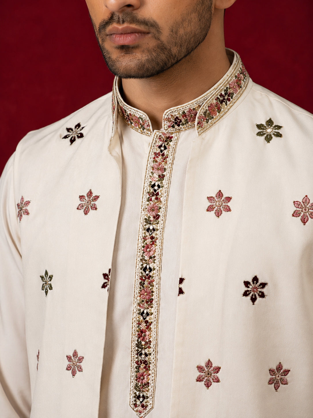 Japanese Fabric Embroidered Kurta & Waistcoat Set ( 65KPWCS MC 5618White )