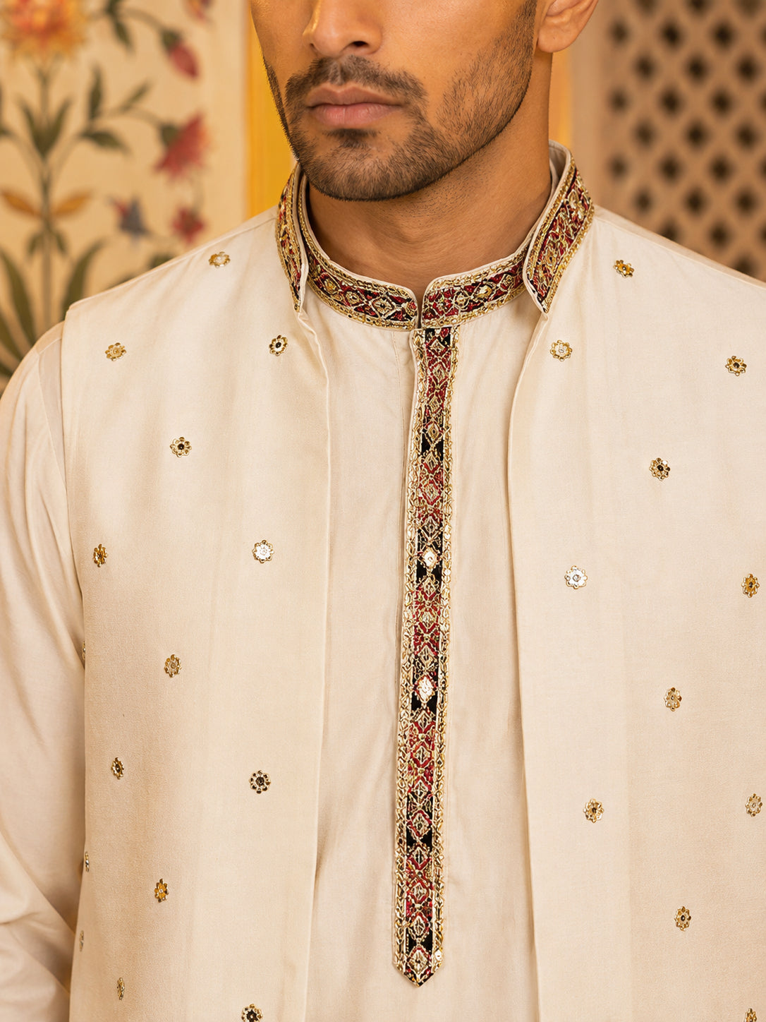 Japanese Fabric Embroidered Kurta with Waistcoat Set ( 65KPWCS MC 5619White )