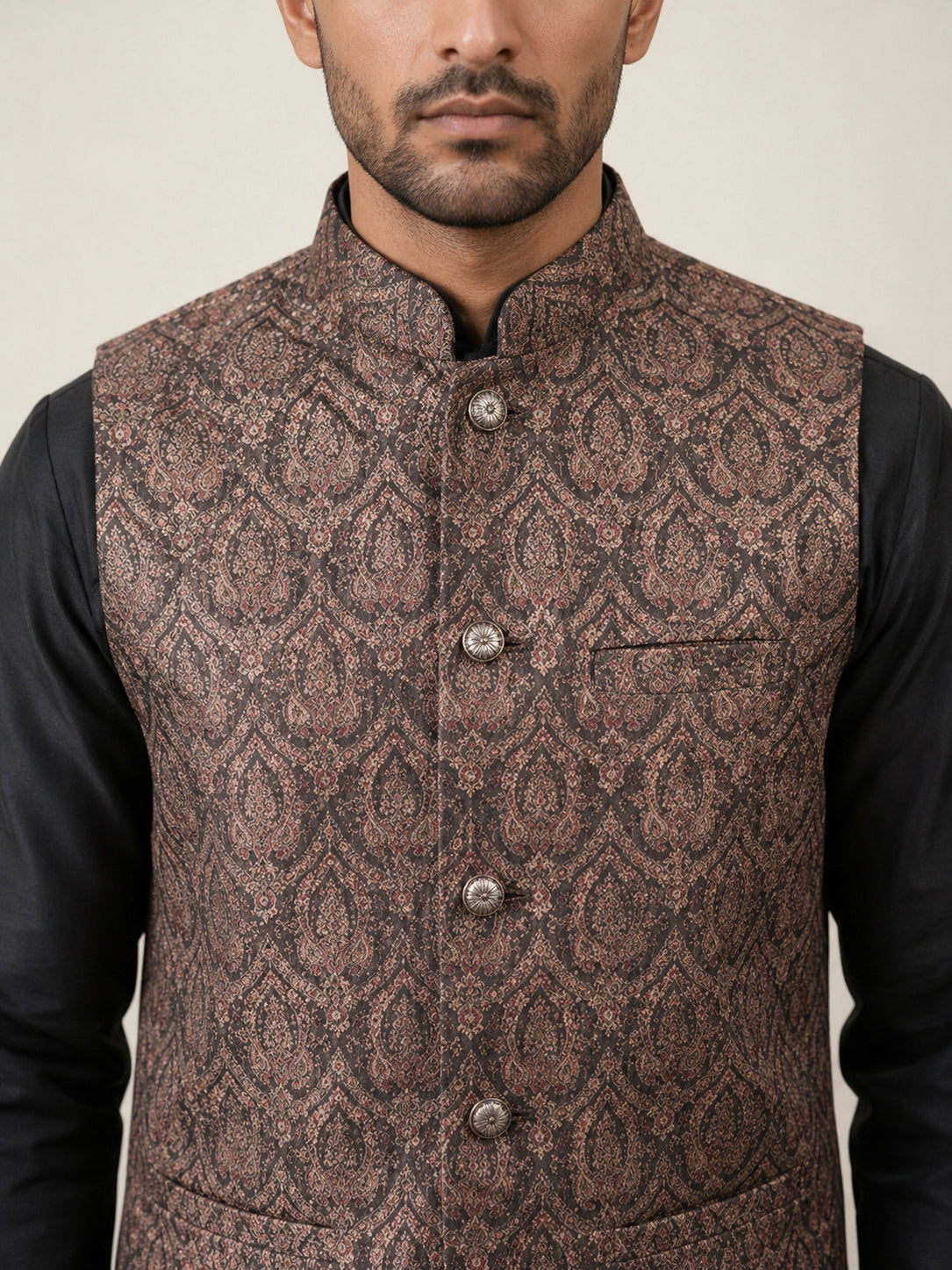 Men Paisley Embroidered Cotton Blend Nehru Jacket Kurta Set ( 65KPWC 5586B 4170Brown )