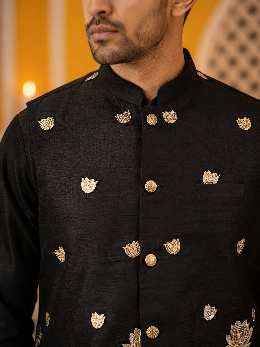 Embroidered Nehru Jacket With Kurta Pyjama Set ( 65KPWC 5586B 4181Black )