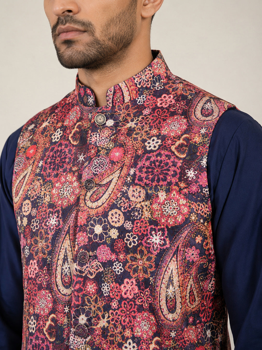 Men Paisley Print Cotton Blend Nehru Jacket with Kurta Set ( 65KPWC 5586N 4167Multi )