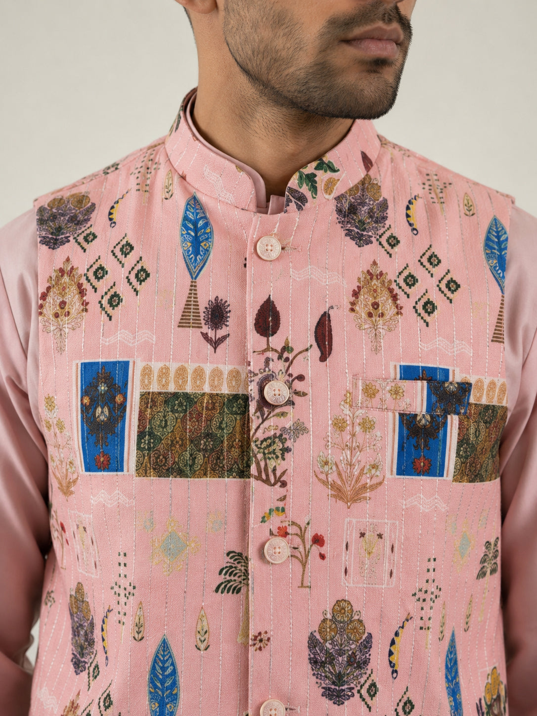 Men Cotton Blend Printed Nehru Jacket with Solid Kurta Set ( 65KPWC 5586Pe 4159Peach )